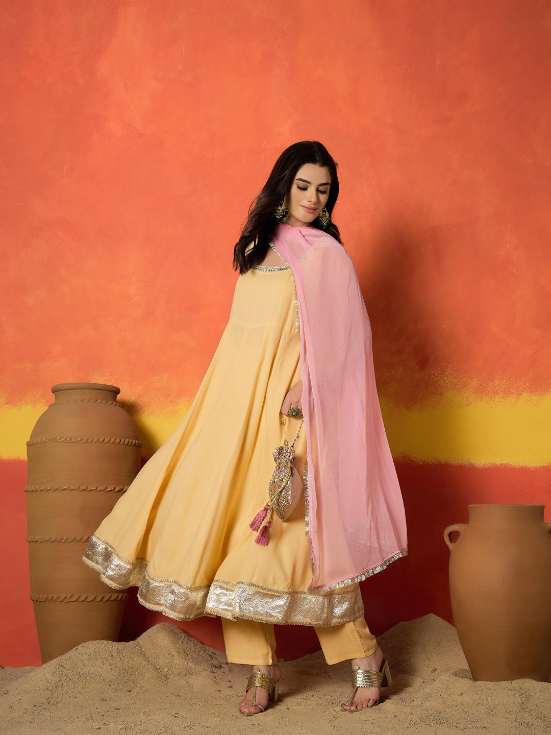 Solid Rayon Anarkali Kurta Pant Dupatta Set