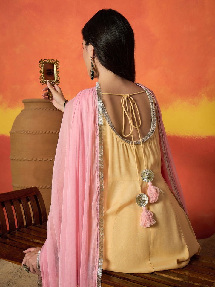 Solid Rayon Anarkali Kurta Pant Dupatta Set