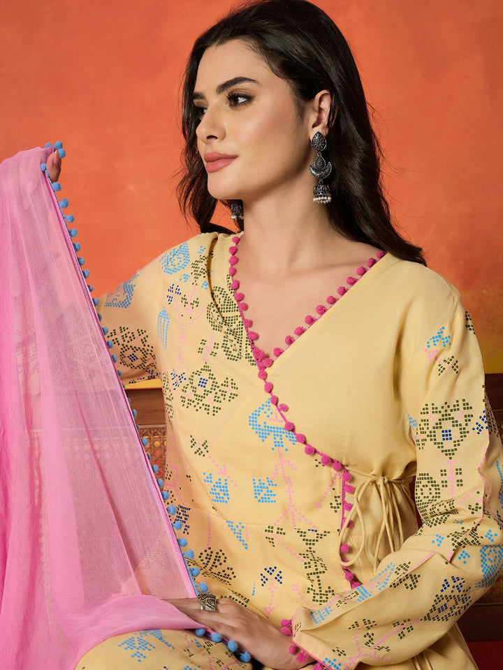 Bandhani Geometric Printed Rayon Angrakha Style Kurta Pant Dupatta Set