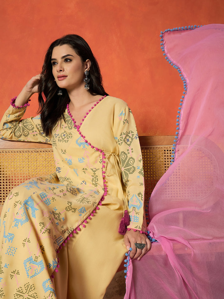 Bandhani Geometric Printed Rayon Angrakha Style Kurta Pant Dupatta Set