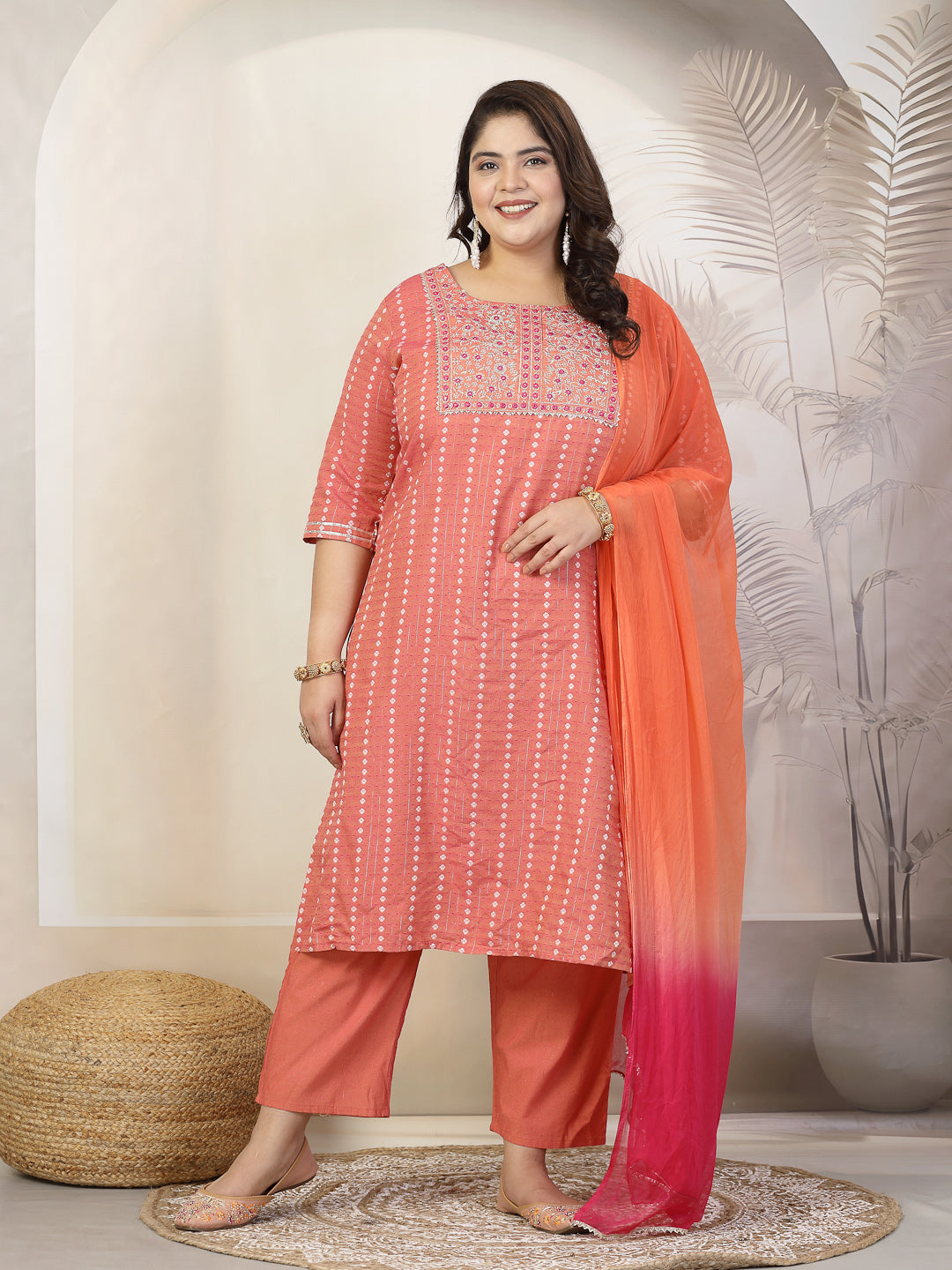 Plus Size Women Woven Design &amp; Embroidered Cotton Blend Straight Kurta With Pant &amp; Dupatta