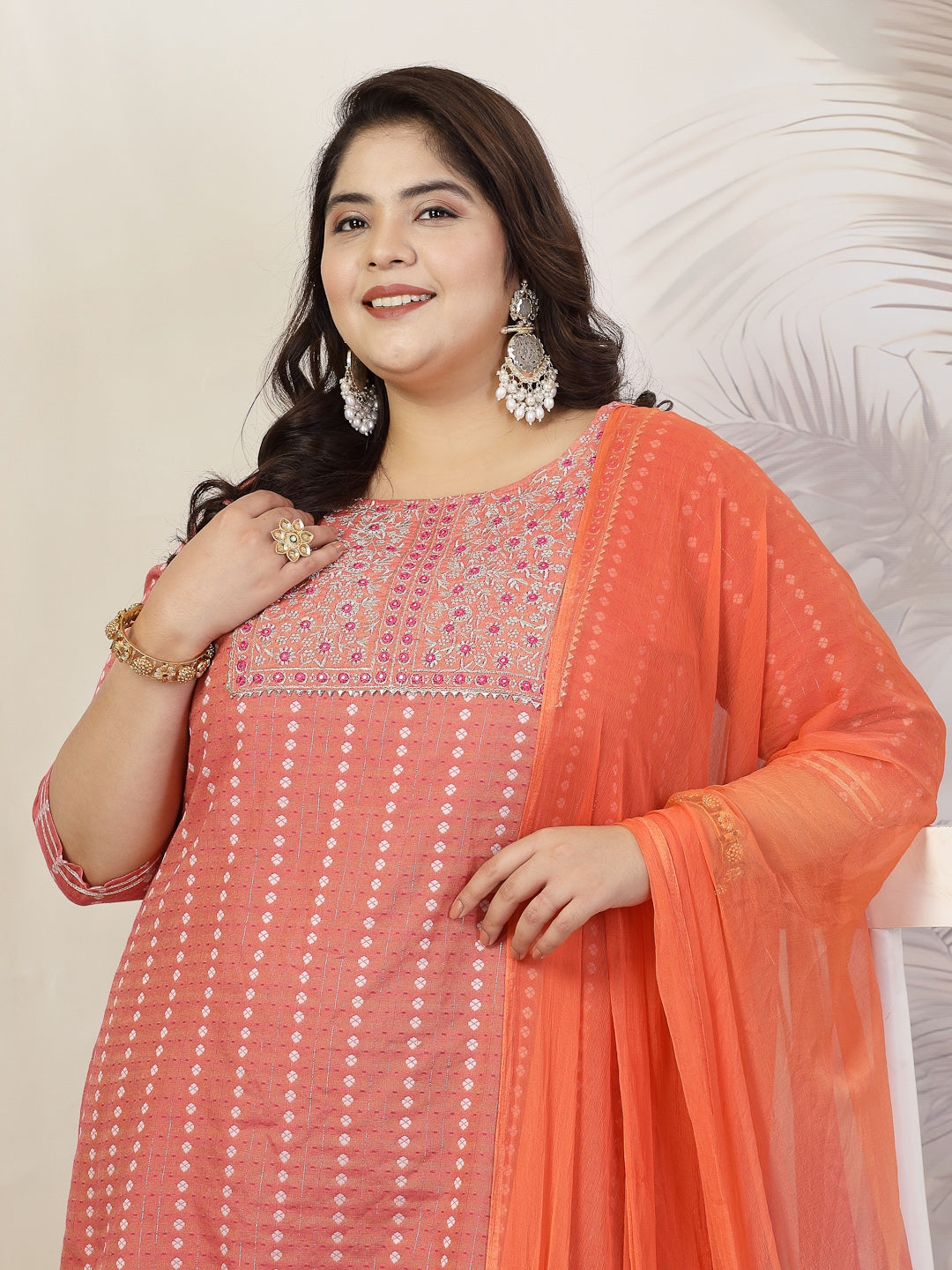 Plus Size Women Woven Design &amp; Embroidered Cotton Blend Straight Kurta With Pant &amp; Dupatta
