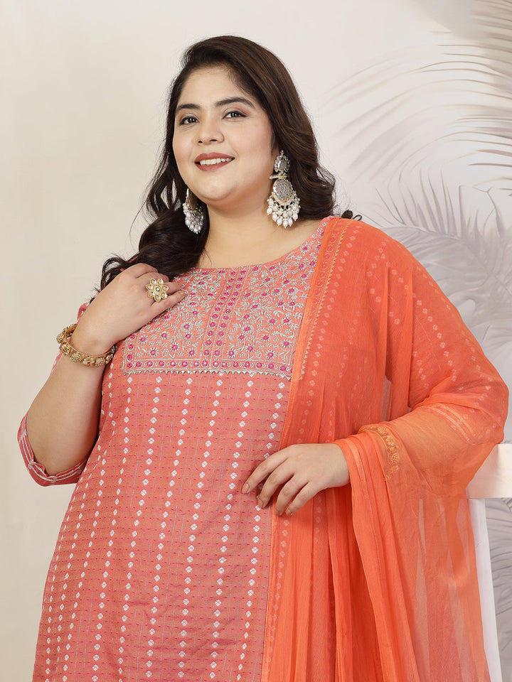 Plus Size Women Woven Design &amp; Embroidered Cotton Blend Straight Kurta With Pant &amp; Dupatta