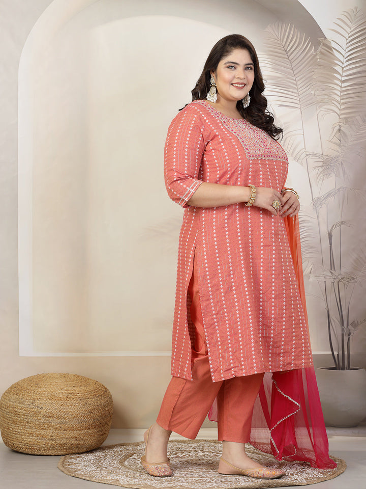 Plus Size Women Woven Design &amp; Embroidered Cotton Blend Straight Kurta With Pant &amp; Dupatta
