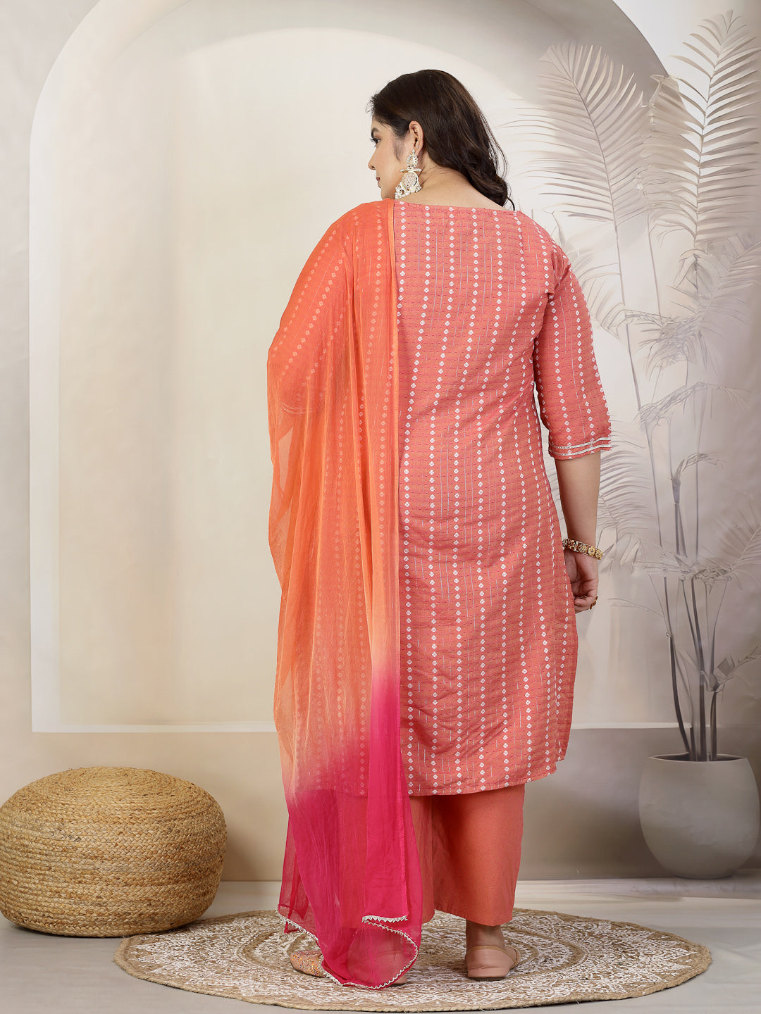 Plus Size Women Woven Design &amp; Embroidered Cotton Blend Straight Kurta With Pant &amp; Dupatta