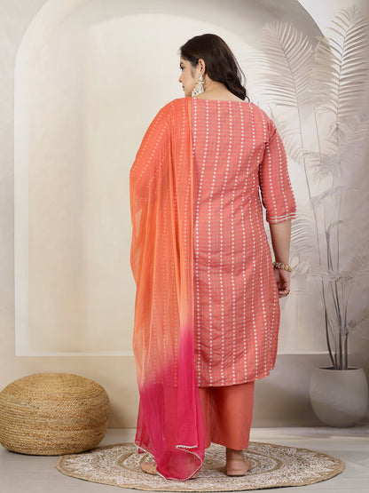Plus Size Women Woven Design & Embroidered Cotton Blend Straight Kurta With Pant & Dupatta