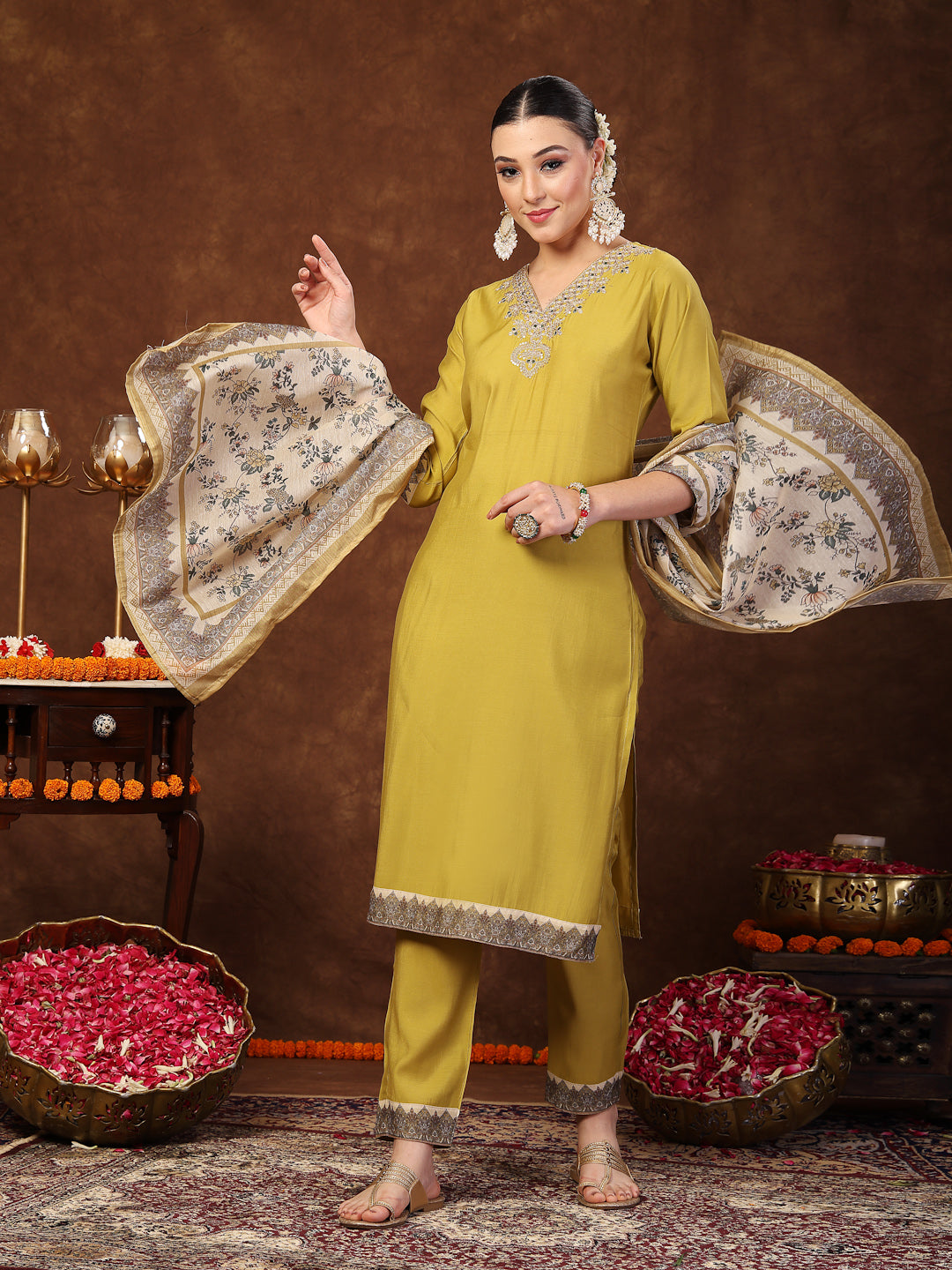 Mustard Solid & Embroidered Silk Straight Kurta Pant Dupatta Set