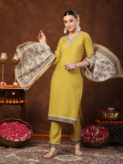 Mustard Solid & Embroidered Silk Straight Kurta Pant Dupatta Set