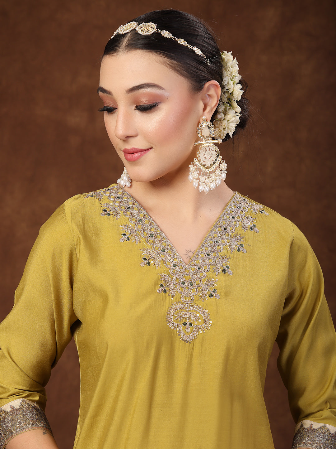 Mustard Solid & Embroidered Silk Straight Kurta Pant Dupatta Set