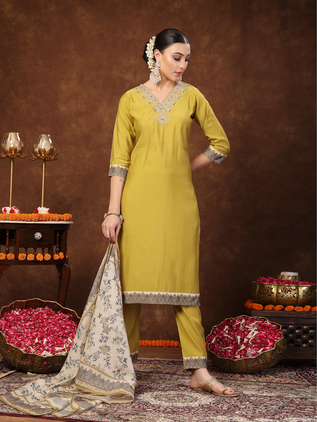 Mustard Solid & Embroidered Silk Straight Kurta Pant Dupatta Set (Pre-Order)