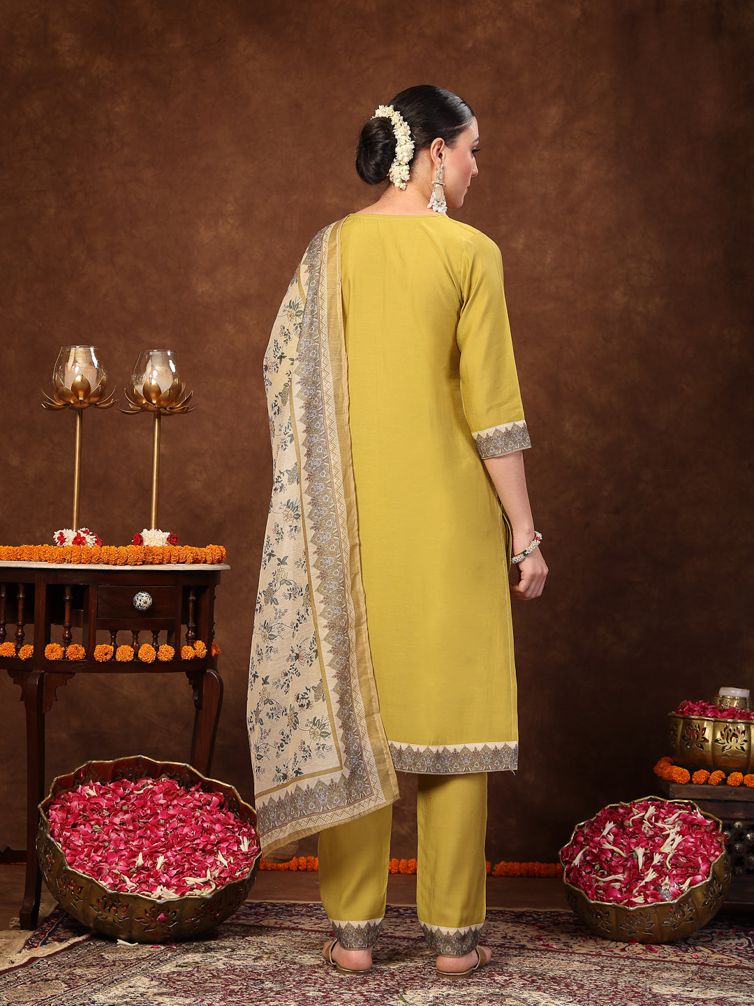 Mustard Solid & Embroidered Silk Straight Kurta Pant Dupatta Set