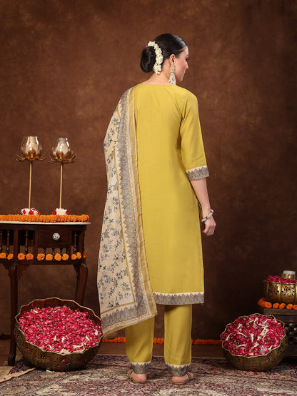 Mustard Solid & Embroidered Silk Straight Kurta Pant Dupatta Set