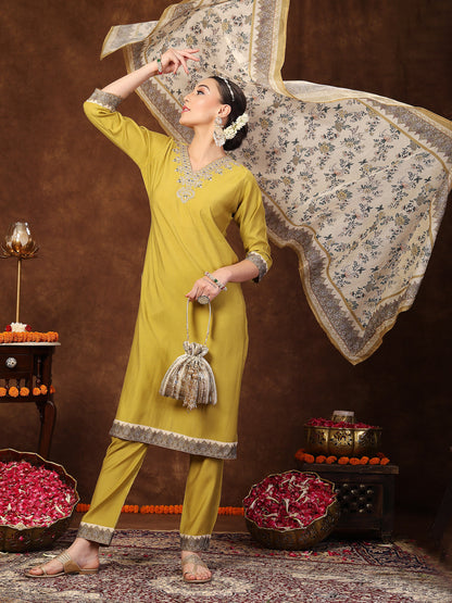 Mustard Solid & Embroidered Silk Straight Kurta Pant Dupatta Set