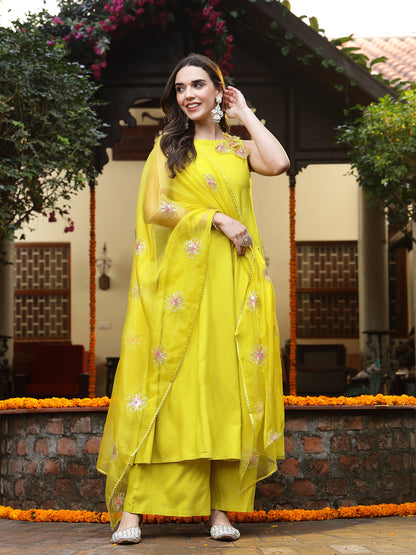 Corn Solid & Embellished Rayon Flared Kurta Palazzo Dupatta Set