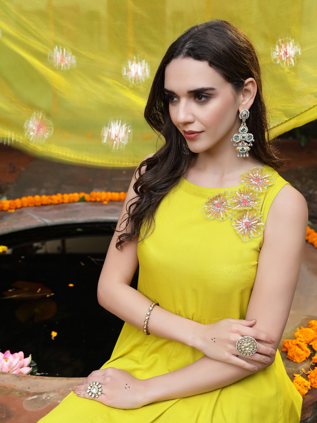 Corn Solid & Embellished Rayon Flared Kurta Palazzo Dupatta Set