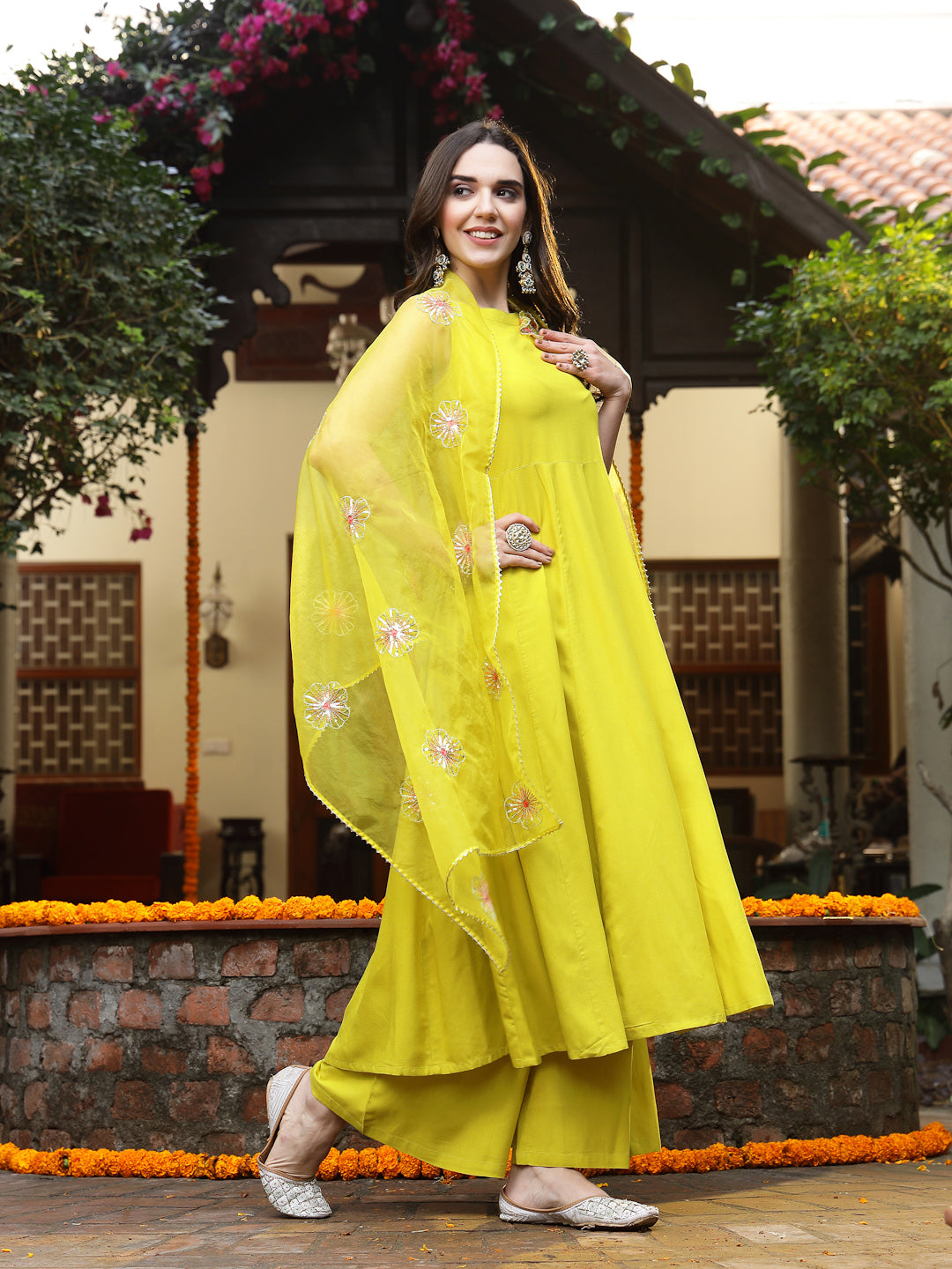 Corn Solid & Embellished Rayon Flared Kurta Palazzo Dupatta Set
