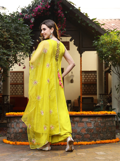 Corn Solid & Embellished Rayon Flared Kurta Palazzo Dupatta Set