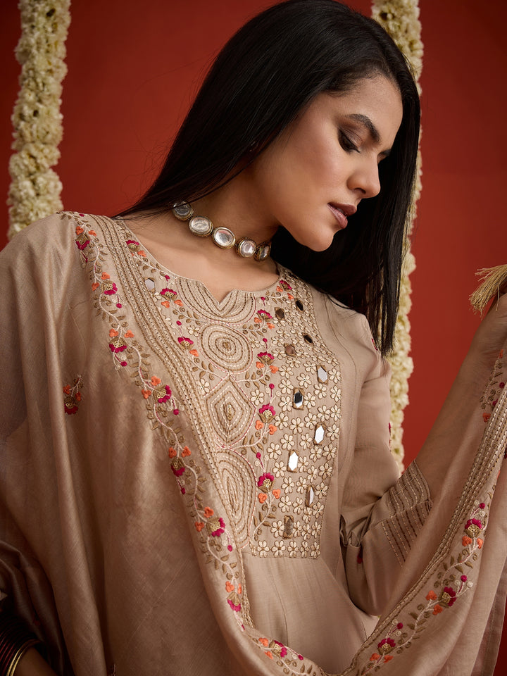 Solid &amp; Embroidered Chanderi A-Line Kurta Pant Dupatta Set