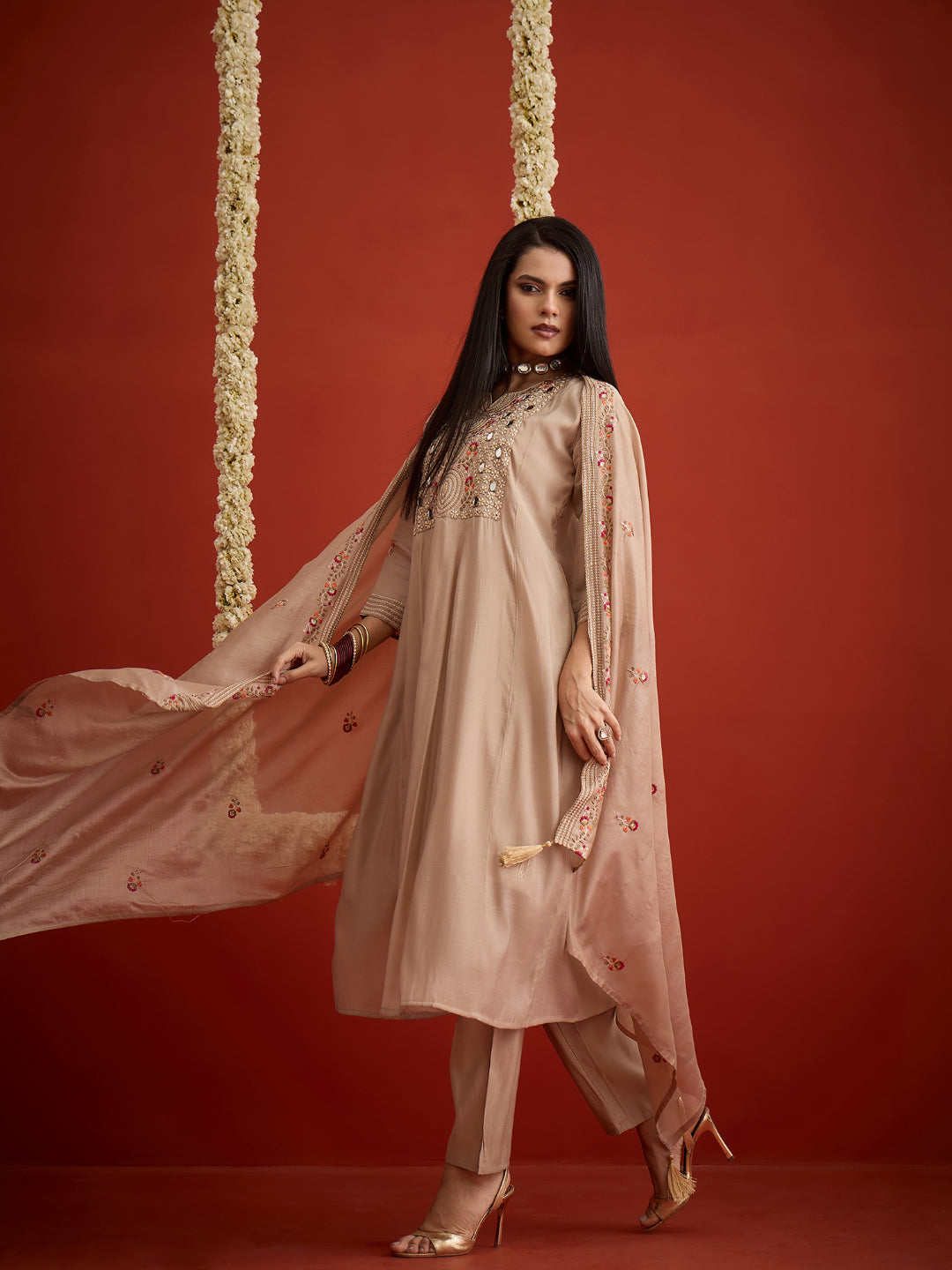 Solid &amp; Embroidered Chanderi A-Line Kurta Pant Dupatta Set