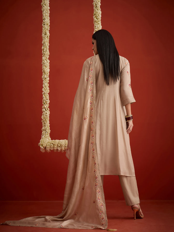 Solid &amp; Embroidered Chanderi A-Line Kurta Pant Dupatta Set