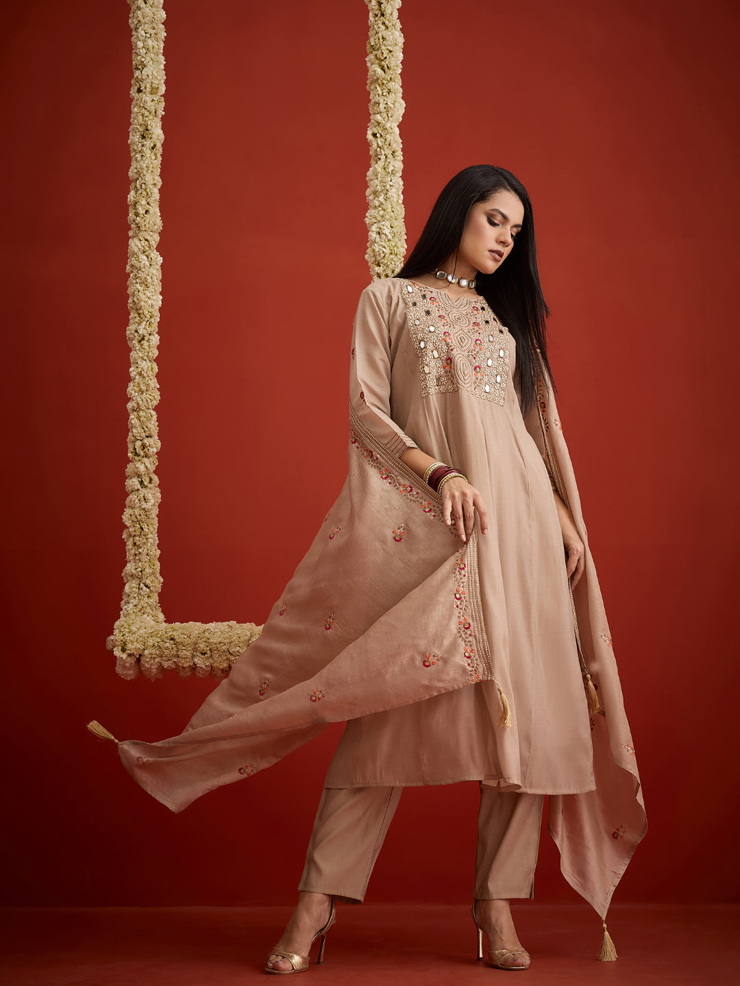 Solid &amp; Embroidered Chanderi A-Line Kurta Pant Dupatta Set