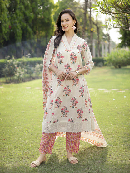 Floral Printed Cotton A-Line Kurta Pant Dupatta Set