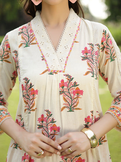 Floral Printed Cotton A-Line Kurta Pant Dupatta Set