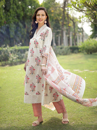 Floral Printed Cotton A-Line Kurta Pant Dupatta Set