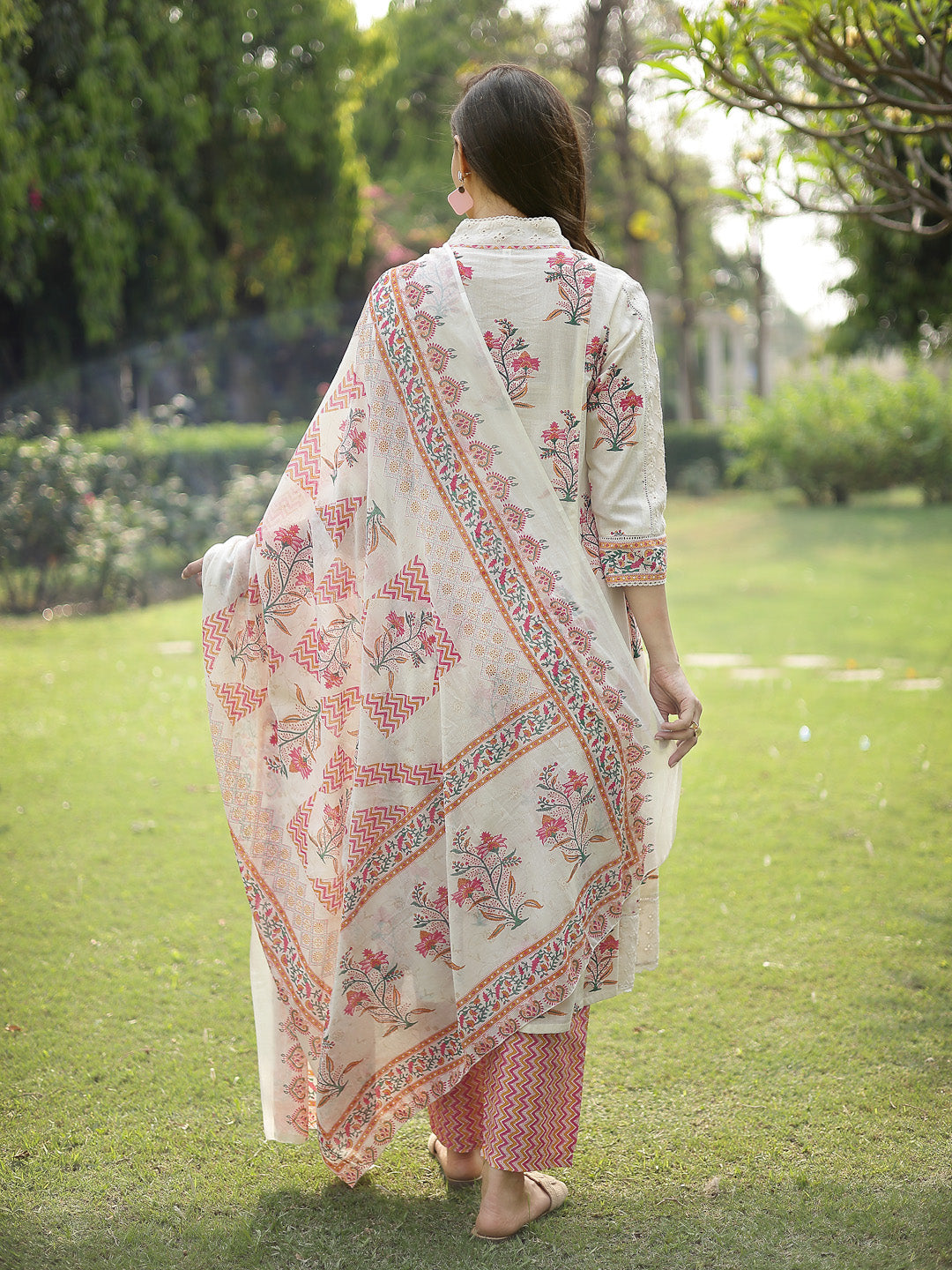 Floral Printed Cotton A-Line Kurta Pant Dupatta Set