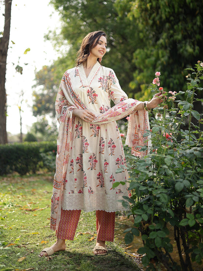 Floral Printed Cotton A-Line Kurta Pant Dupatta Set