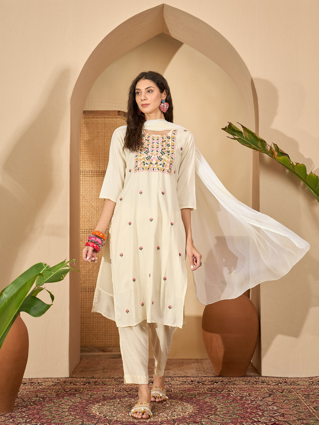 Solid &amp; Embroidered Rayon Straight Kurta Pant Dupatta Set