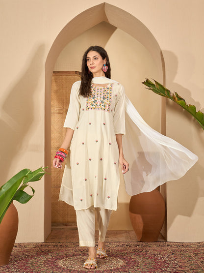 Solid & Embroidered Rayon Straight Kurta Pant Dupatta Set