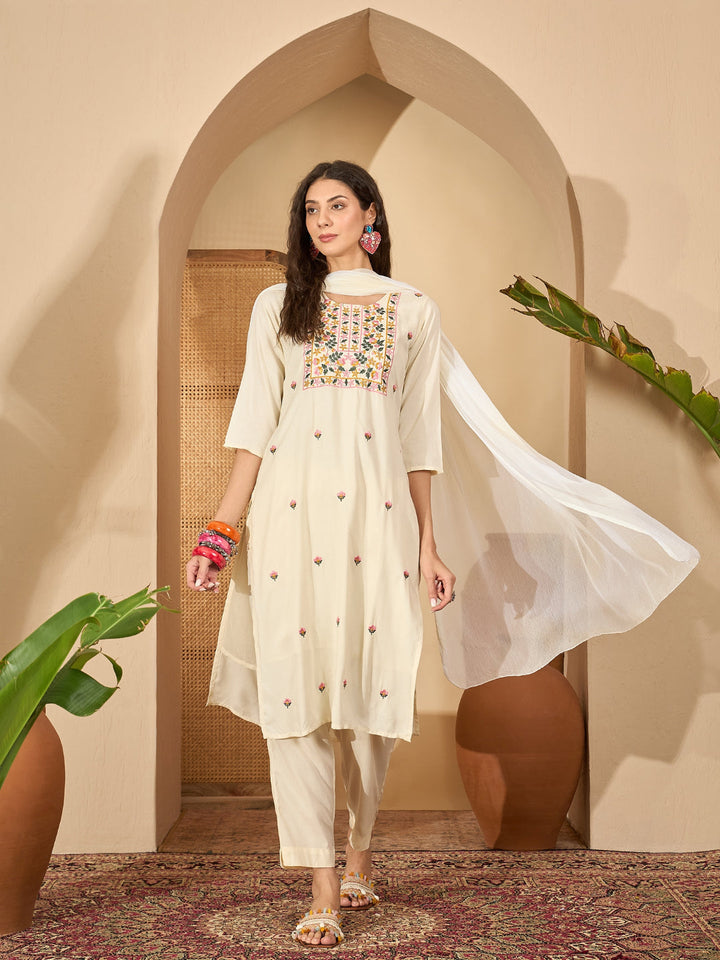 Solid &amp; Embroidered Rayon Straight Kurta Pant Dupatta Set