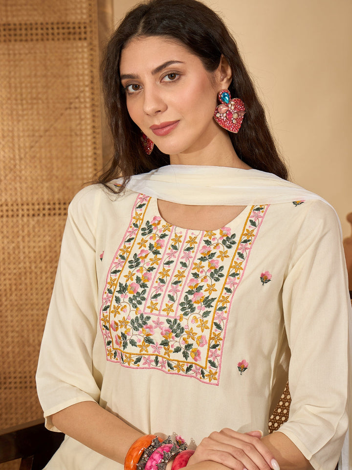 Solid &amp; Embroidered Rayon Straight Kurta Pant Dupatta Set