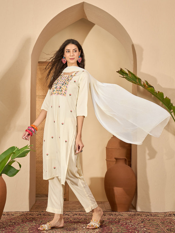 Solid &amp; Embroidered Rayon Straight Kurta Pant Dupatta Set