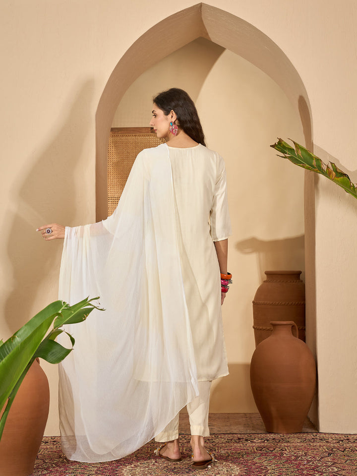 Solid &amp; Embroidered Rayon Straight Kurta Pant Dupatta Set