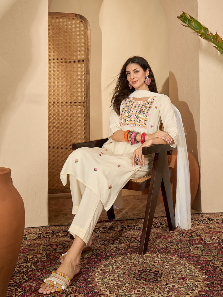 Solid &amp; Embroidered Rayon Straight Kurta Pant Dupatta Set