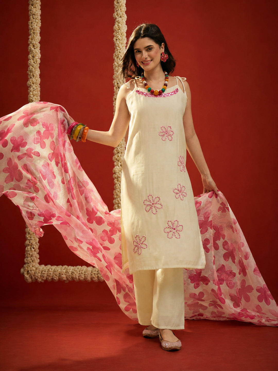 Solid &amp; Embroidered Polyester Straight Kurta Pant Dupatta Set