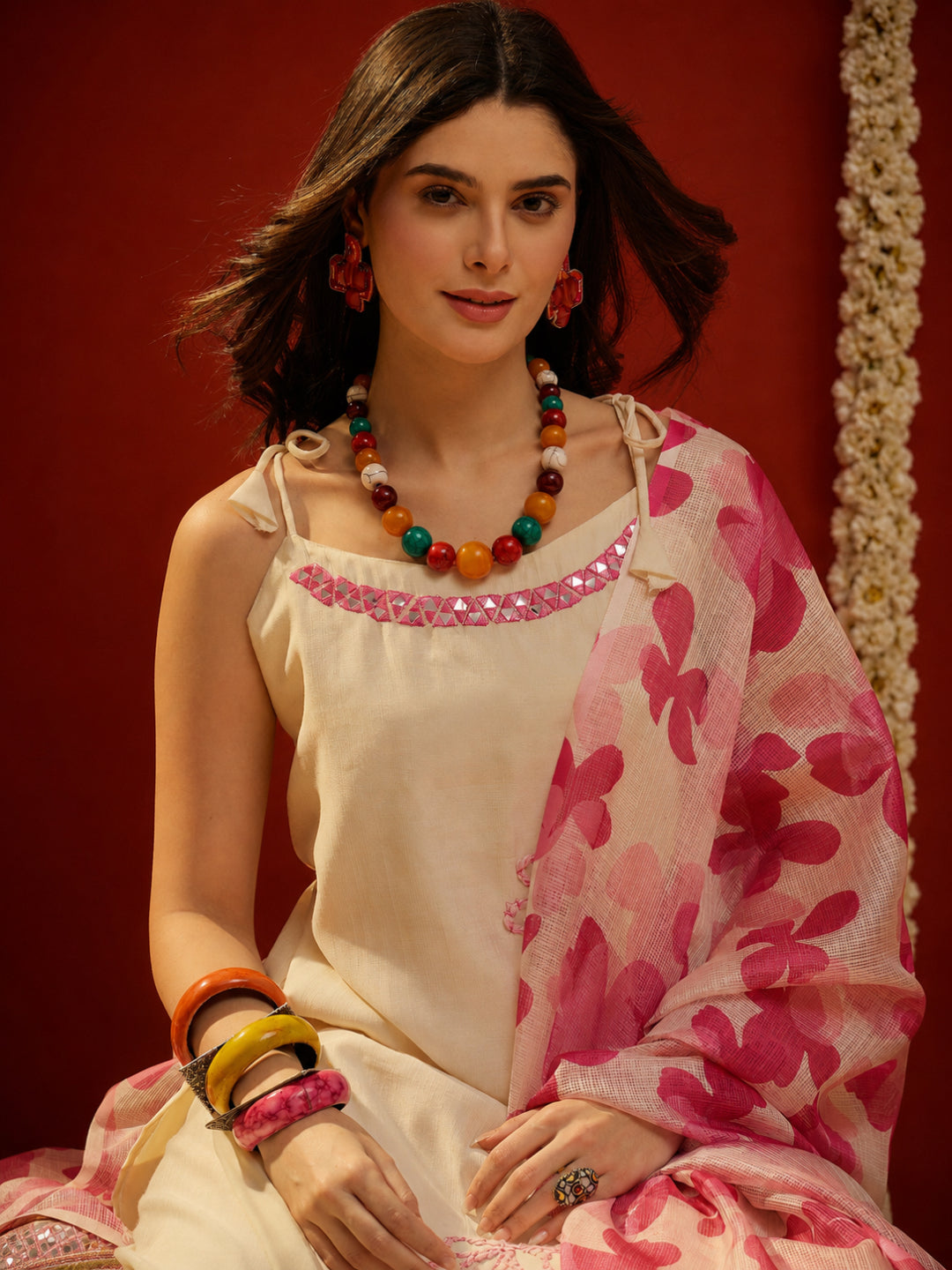 Solid &amp; Embroidered Polyester Straight Kurta Pant Dupatta Set