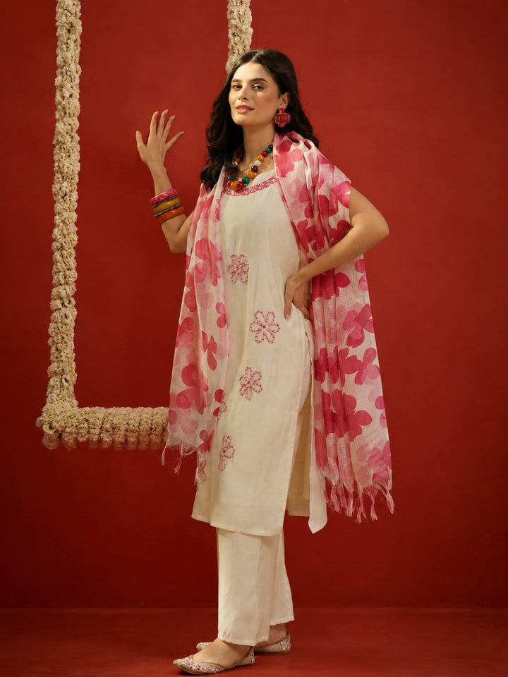 Solid &amp; Embroidered Polyester Straight Kurta Pant Dupatta Set