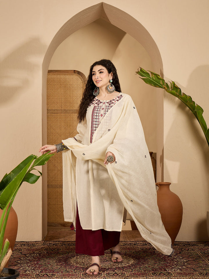 Solid &amp; Embroidered Cotton Flex Straight Kurta Palazzo Dupatta Set
