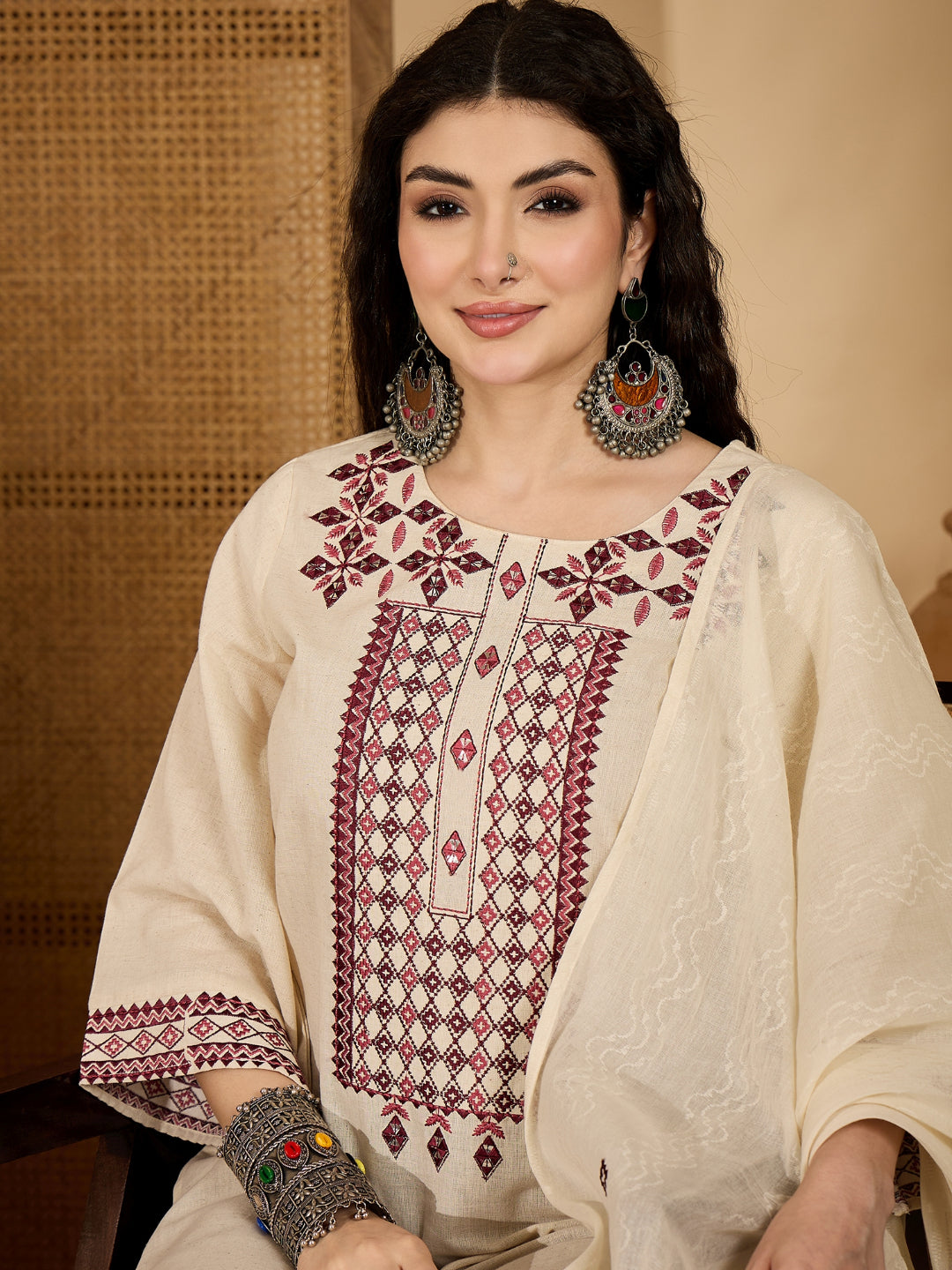 Solid & Embroidered Cotton Flex Straight Kurta Palazzo Dupatta Set