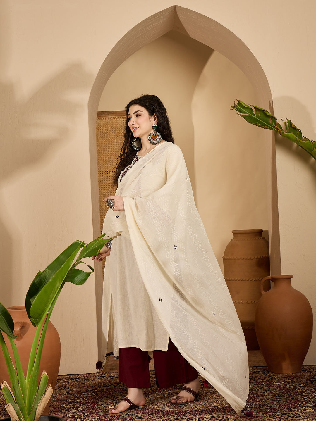 Solid &amp; Embroidered Cotton Flex Straight Kurta Palazzo Dupatta Set