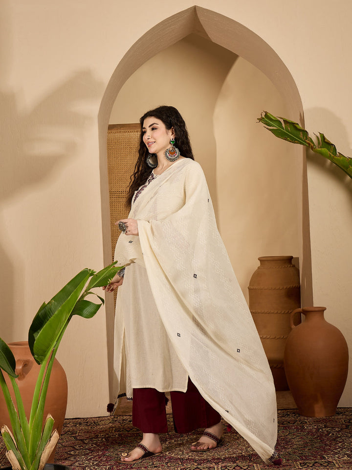 Solid &amp; Embroidered Cotton Flex Straight Kurta Palazzo Dupatta Set