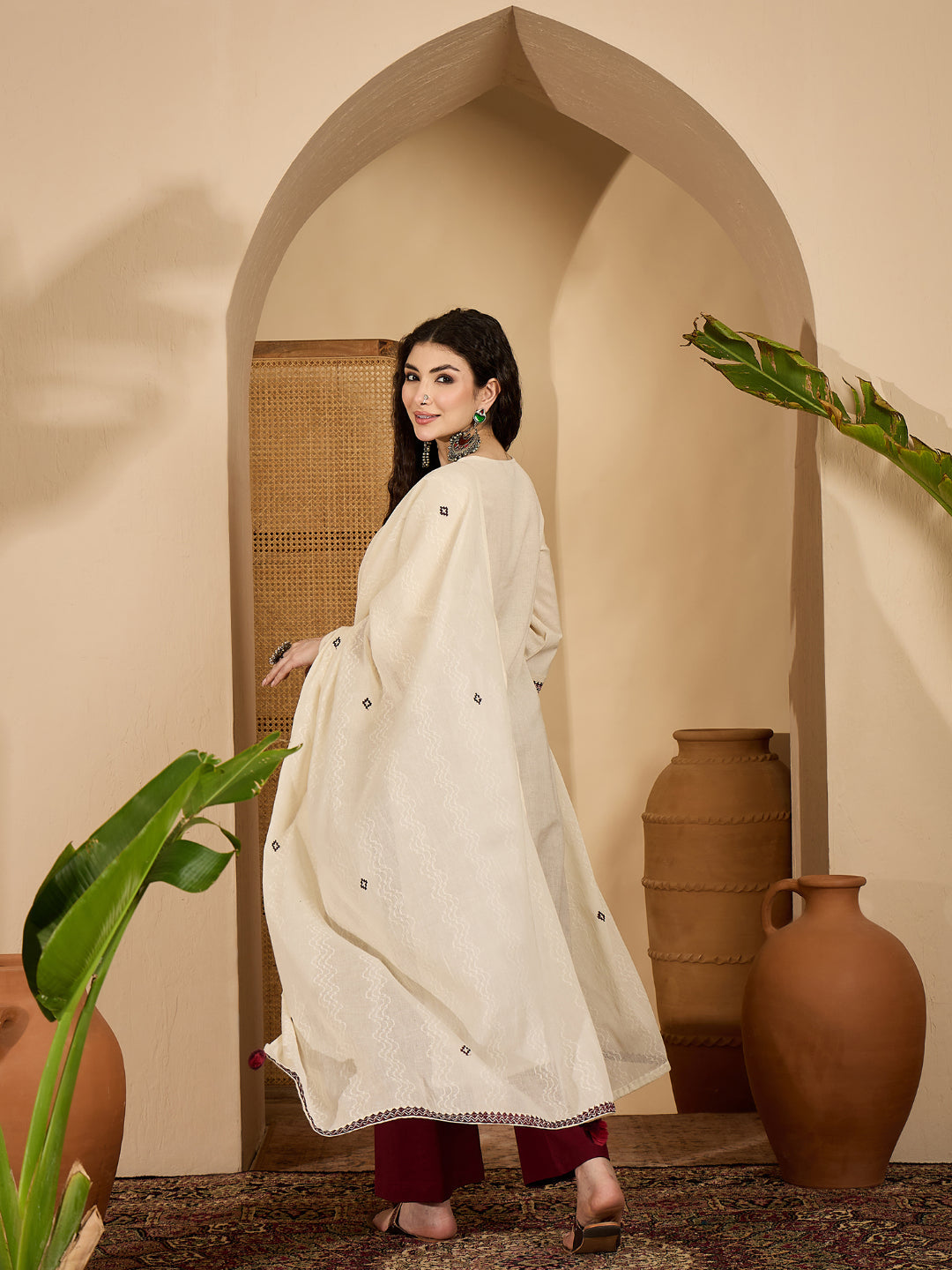 Solid &amp; Embroidered Cotton Flex Straight Kurta Palazzo Dupatta Set
