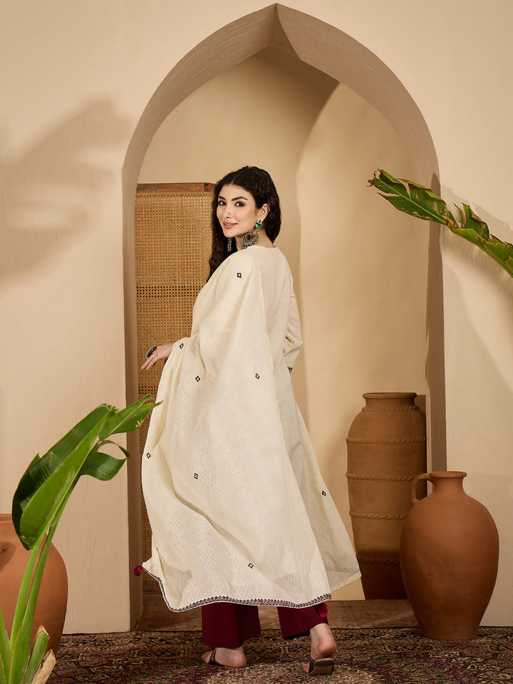 Solid &amp; Embroidered Cotton Flex Straight Kurta Palazzo Dupatta Set