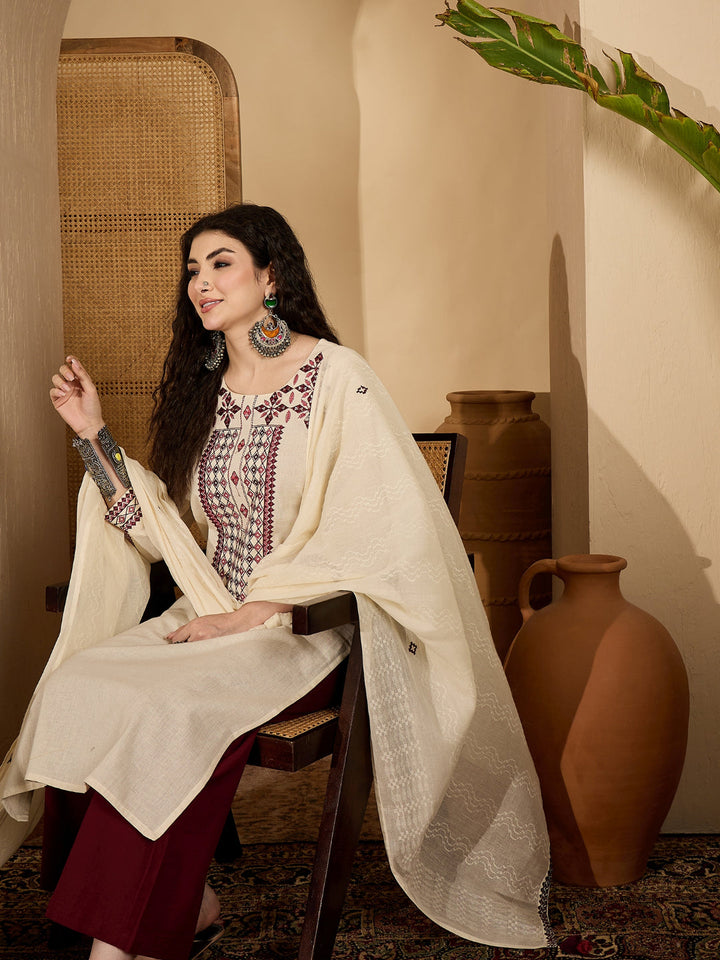 Solid &amp; Embroidered Cotton Flex Straight Kurta Palazzo Dupatta Set