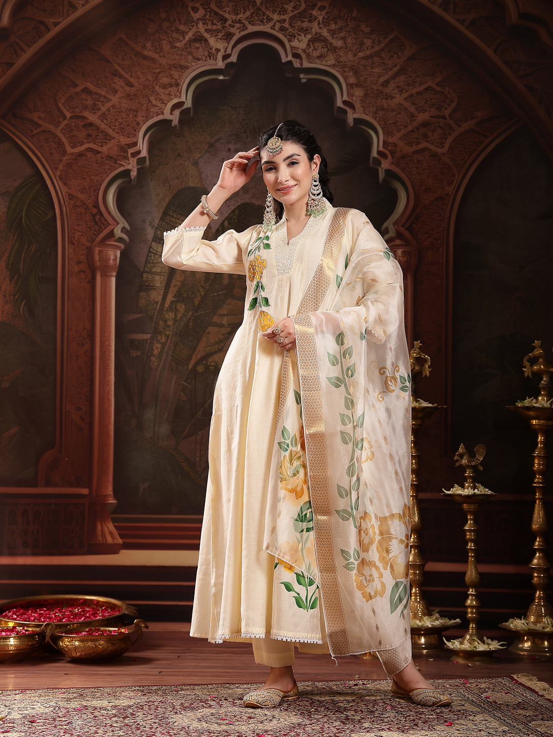 Cream Solid & Embroidered Roman Silk A-Line Kurta Pant Dupatta Set