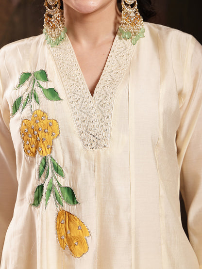 Cream Solid & Embroidered Roman Silk A-Line Kurta Pant Dupatta Set