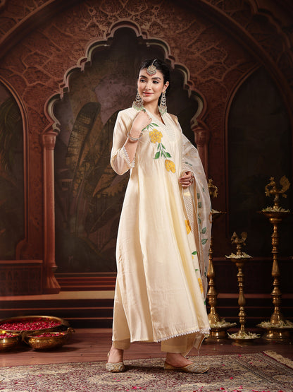 Cream Solid & Embroidered Roman Silk A-Line Kurta Pant Dupatta Set